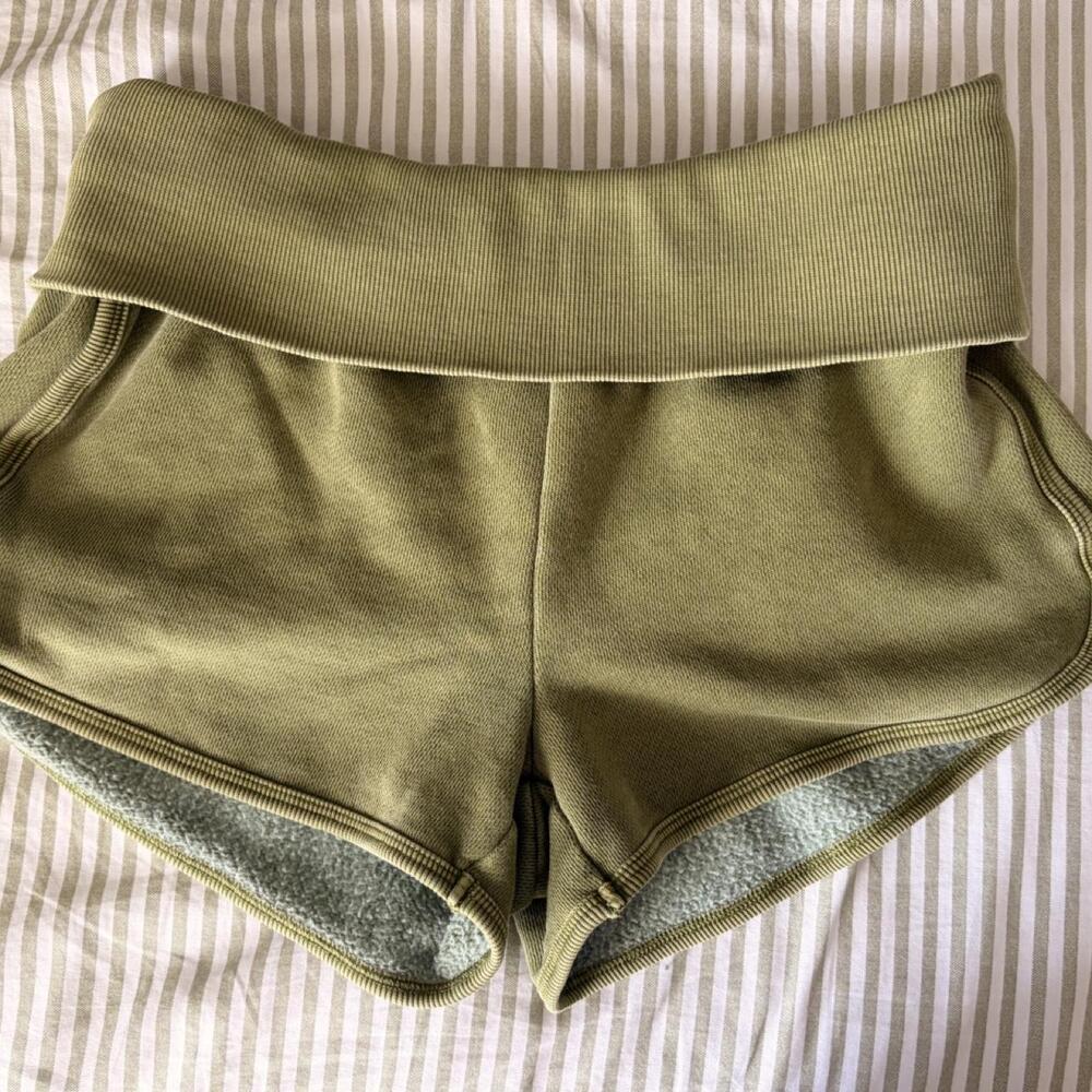 Olive Green Foldover Waist Fleece Lined Shorts